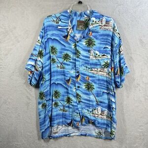 Vtg Pineapple Connection Men's L Rayon Hawaiian Shirt Palms Beach Tropical